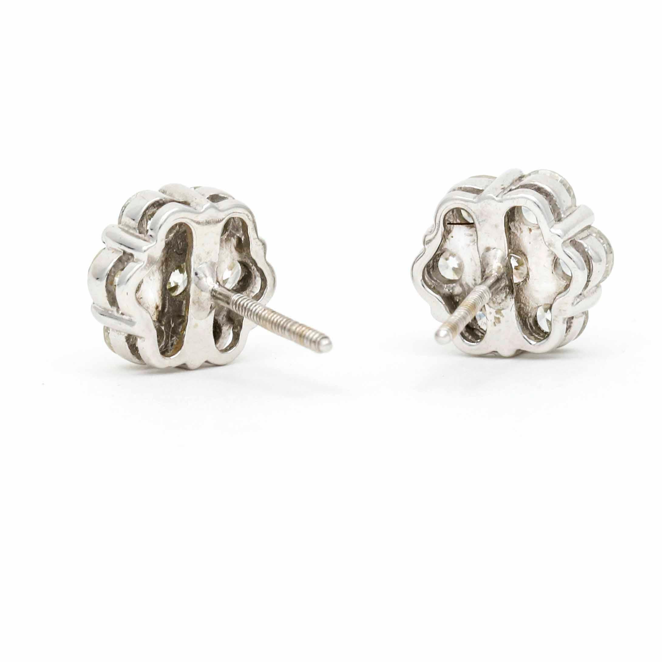 Round Cut Women's Diamond Cluster Earrings in 18k White Gold 2.00 Cttw