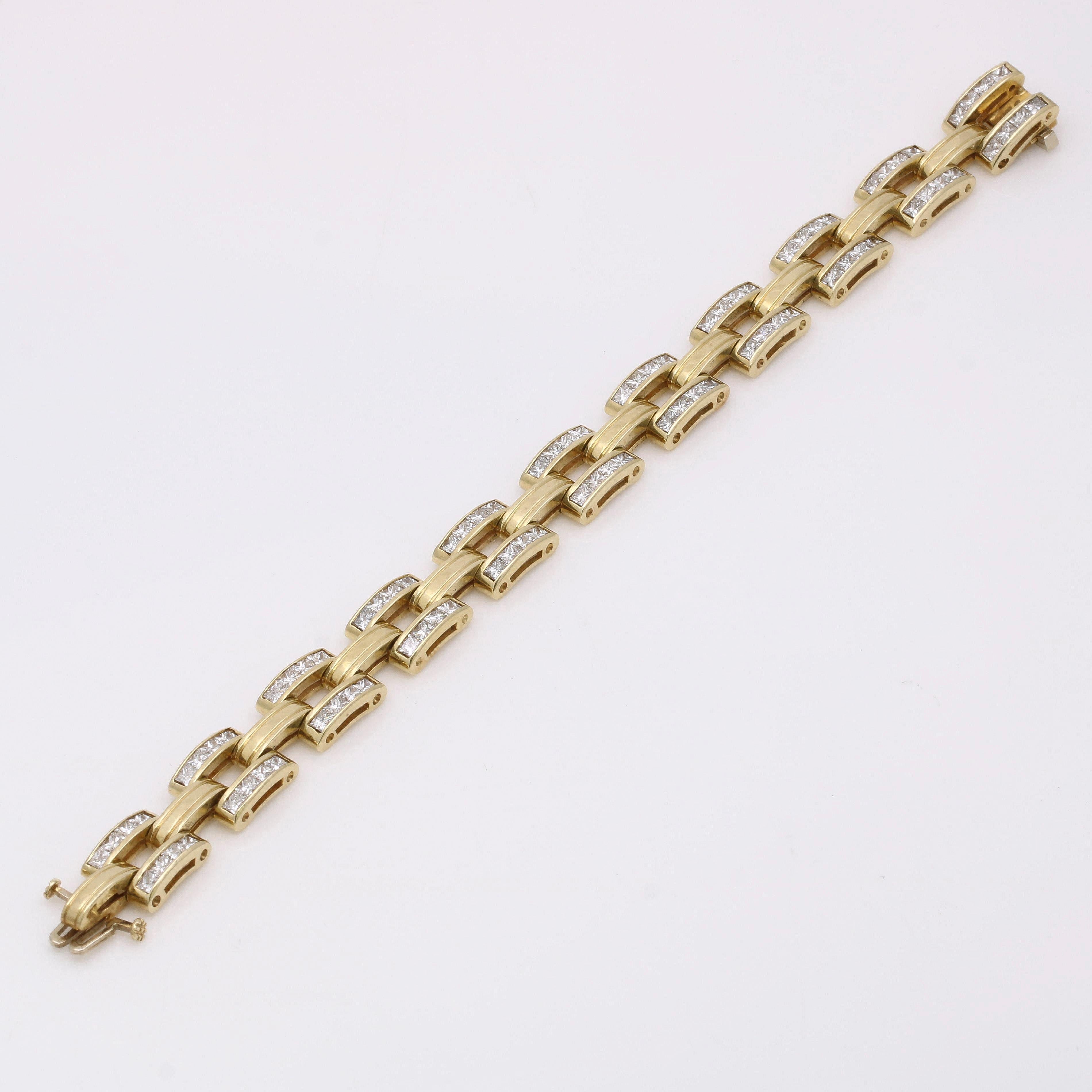 This bracelet is the perfect cocktail of modern and vintage glamor, with its bezel-set princess-cut diamonds and a seamless slide clasp. The rectangular links showcase all that glitters, setting off your smile with a brilliant display of sparkle. It