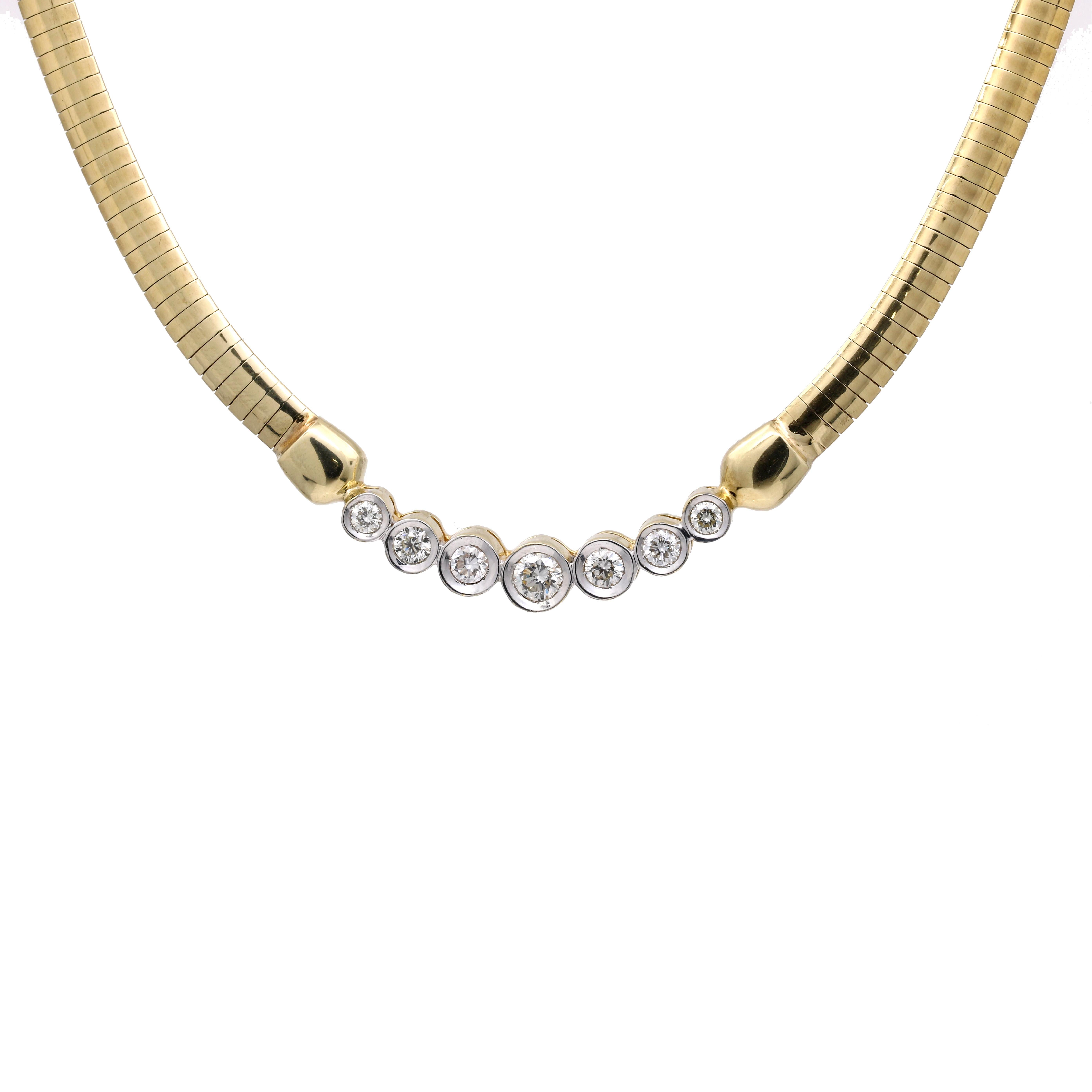 Women's Graduated Diamond Omega Necklace 14k Yellow Gold For Sale 2