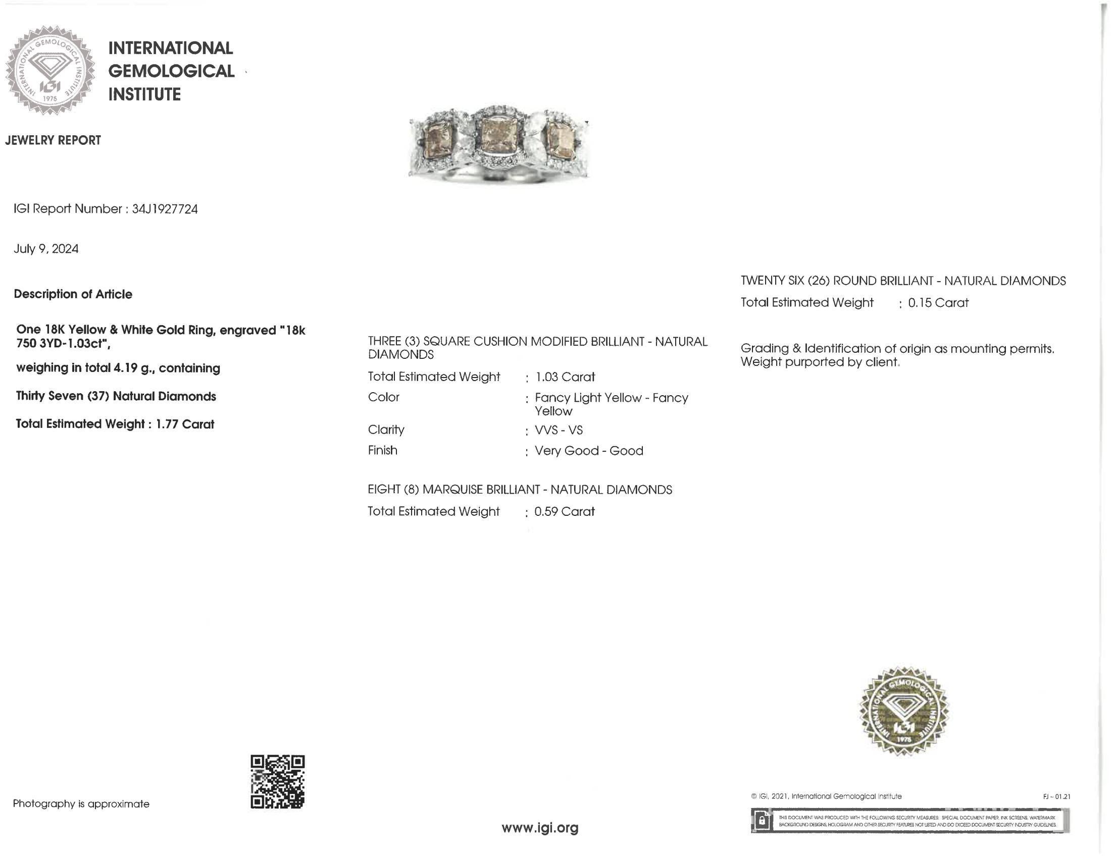 Contemporary IGI Certified 1.77 Carat Yellow Diamond Fancy Diamond Rings in 18K White Gold For Sale