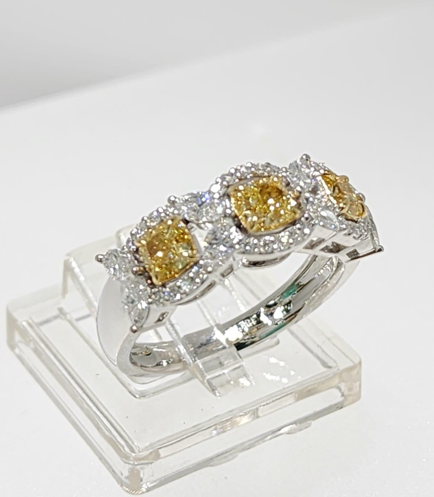 IGI Certified 1.77 Carat Yellow Diamond Fancy Diamond Rings in 18K White Gold For Sale 2