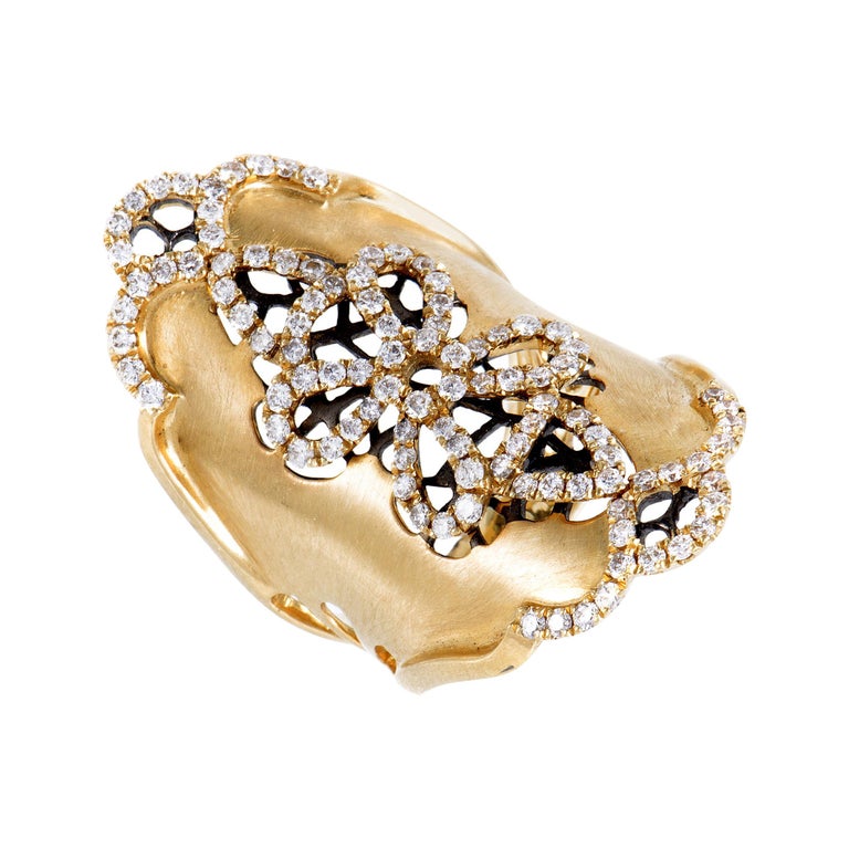 Womens Long 18 Karat Yellow Gold Diamond Flower Band Ring at 1stDibs