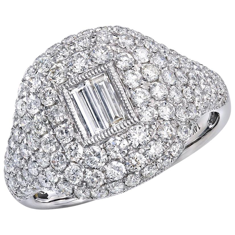 MICRO PAVE RING DOUBLE BAGUETTE DIAMOND CENTER 1.69 Carat TW 14kt W/G For Sale