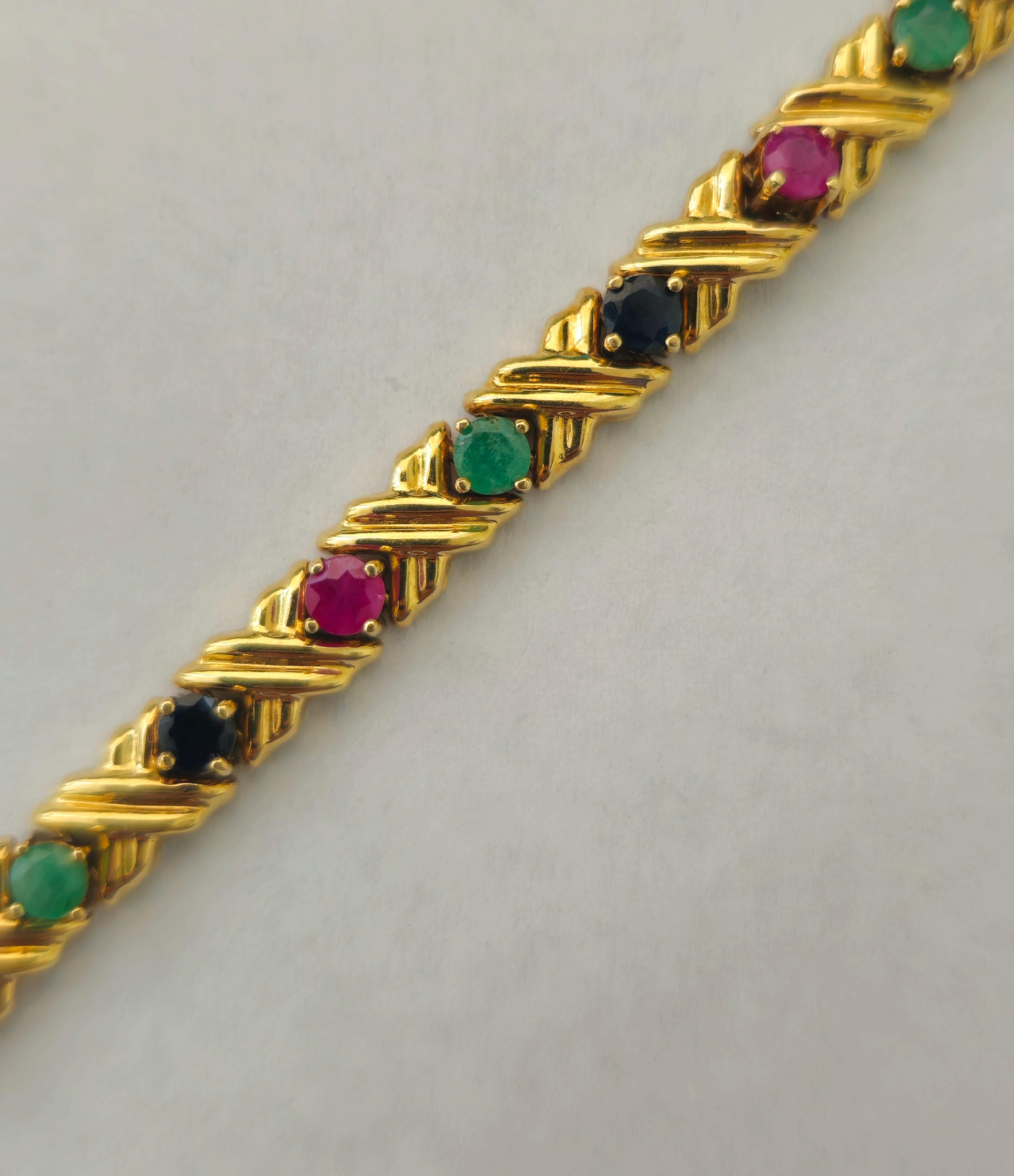 Retro Womens Natural Ruby, Emerald and Blue Sapphire Bracelet  For Sale