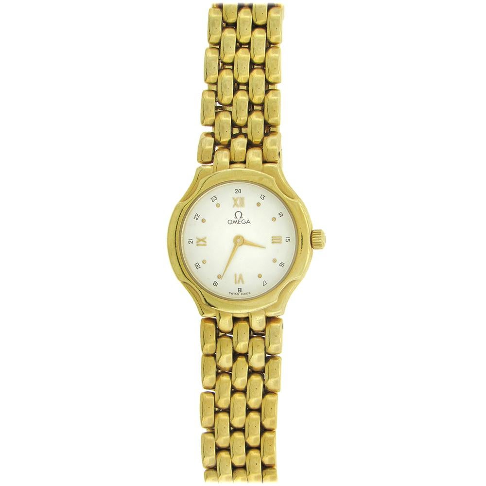 18K yellow gold Omega De Ville, circa 1990's, is a women's  18K yellow gold quartz wristwatch with an 18K yellow gold Omega link bracelet, 6-1/2