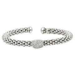 Women's Pave Diamond Station Beaded Textured Cuff Bracelet 14k White Gold
