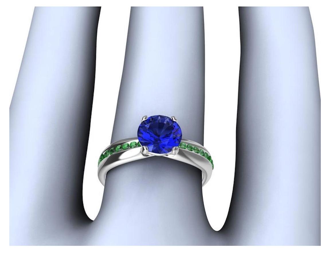 Round Cut Womens Platinum 1.55 Carat Blue Sapphire and Tsavorites Cocktail Ring For Sale