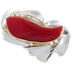 Womens Platinum and 18 Karat Yellow Gold Diamond and Coral Cocktail Ring