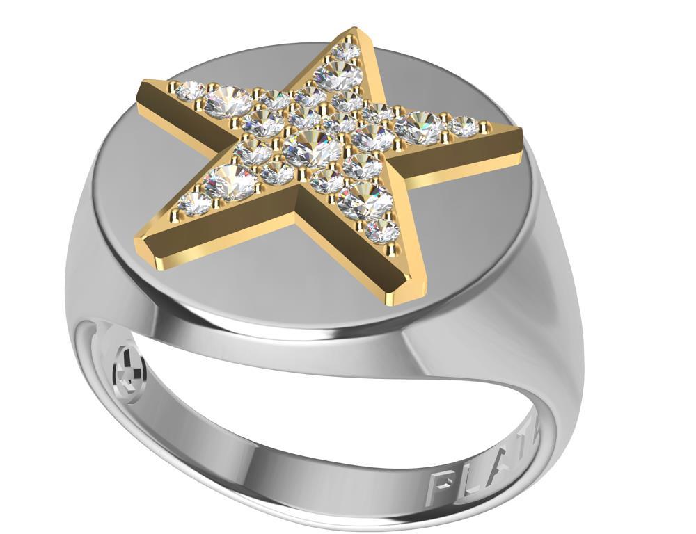 For Sale:   Platinum and 18 Karat Yellow Gold GIA Diamond Star Signet Ring 2