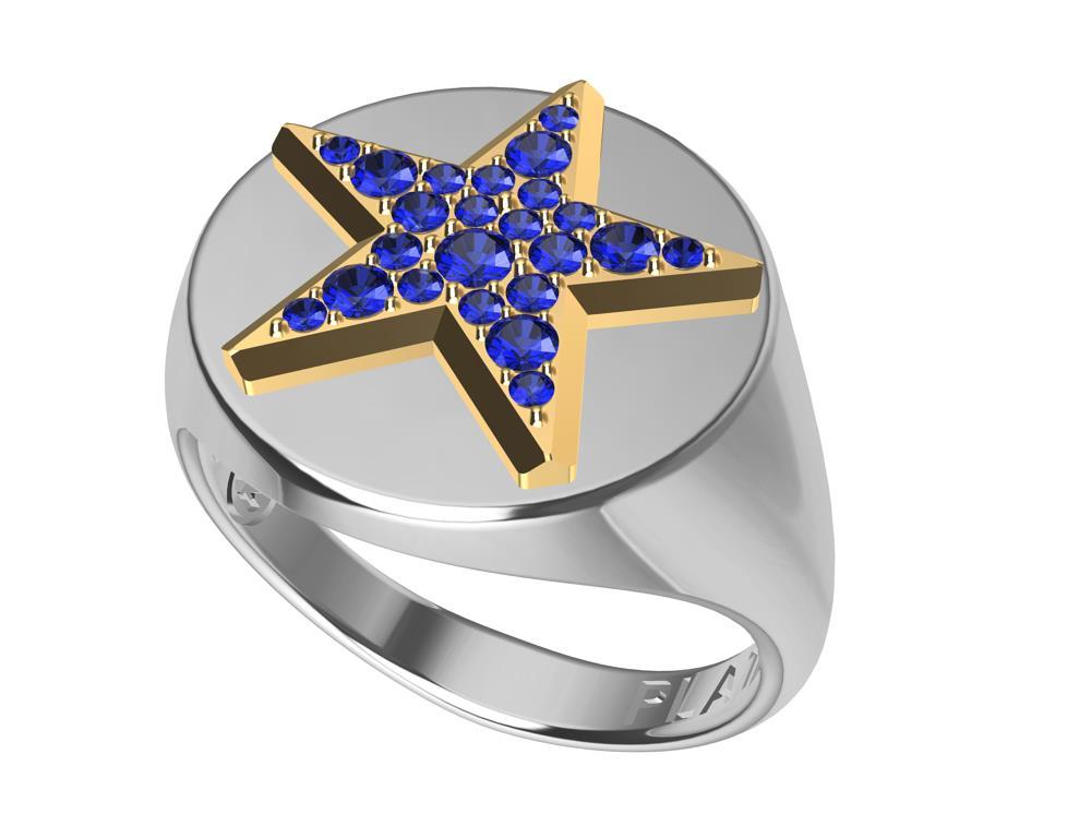 For Sale:  Womens Platinum and 18 Karat Yellow Gold Sapphires Star Signet Ring 2