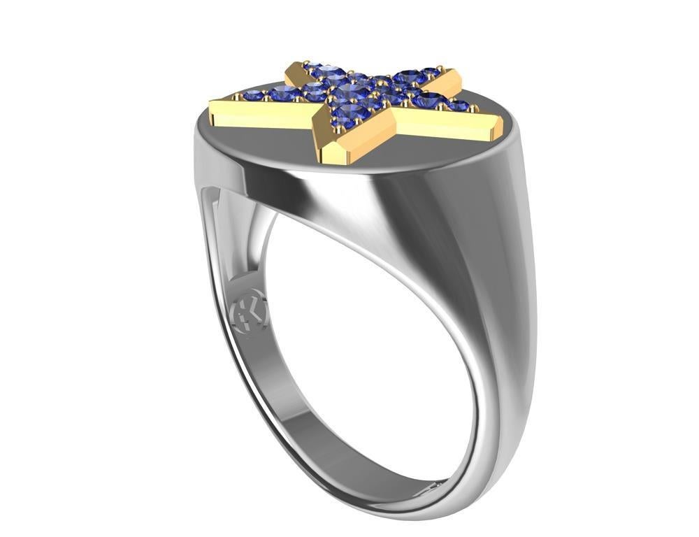 En vente :  Bague sigillaire étoile en platine et or jaune 18 carats avec saphirs pour femmes 3