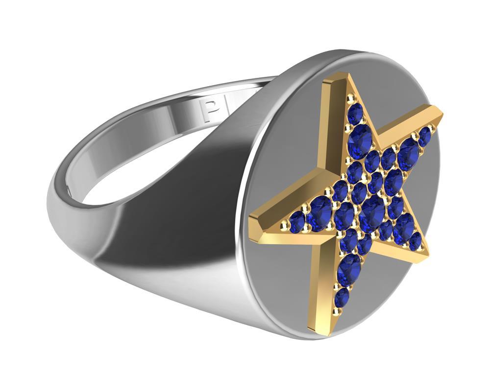 For Sale:  Womens Platinum and 18 Karat Yellow Gold Sapphires Star Signet Ring 5