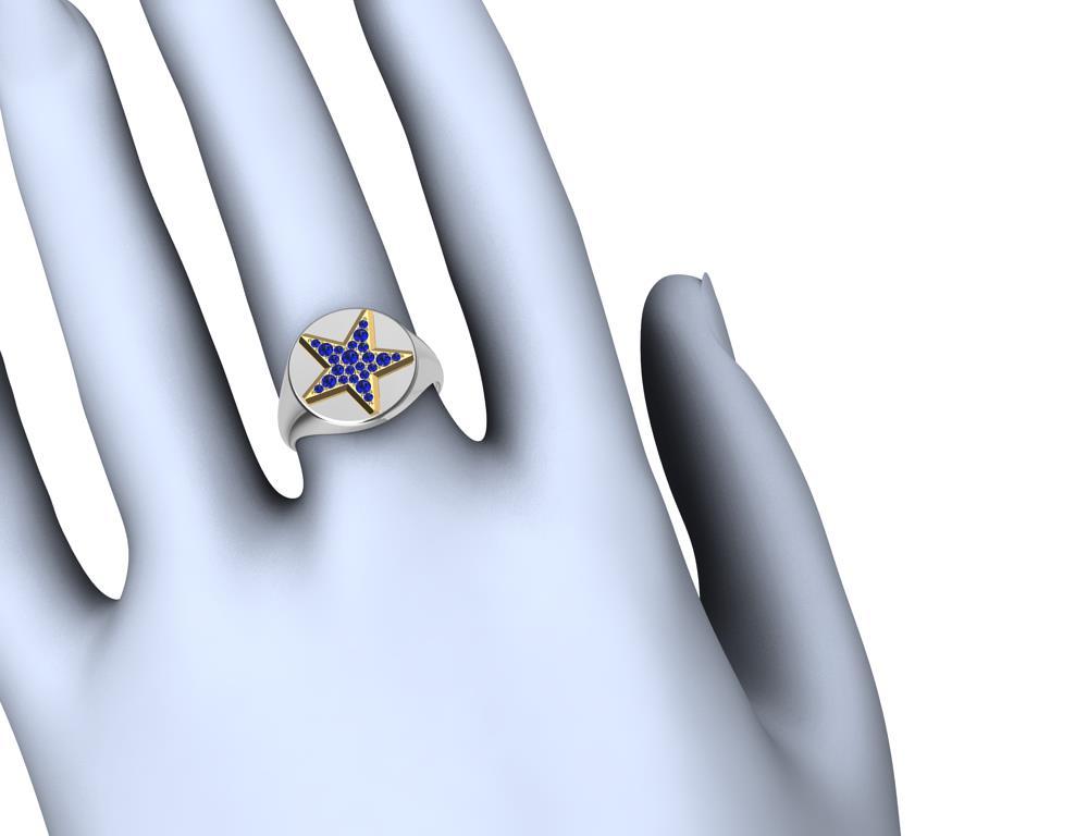 Womens Platinum and 18 Karat Yellow Gold Sapphires Star Signet Ring 9