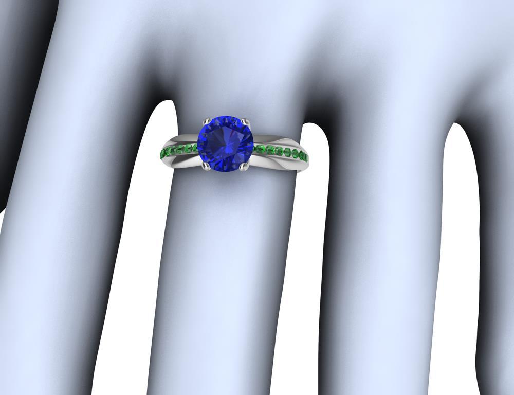 For Sale:  Womens Platinum 1.55 Carat Blue Sapphire and Tsavorites Cocktail Ring 11