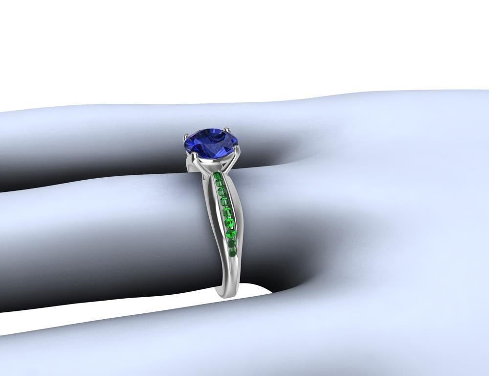 For Sale:  Womens Platinum 1.55 Carat Blue Sapphire and Tsavorites Cocktail Ring 12