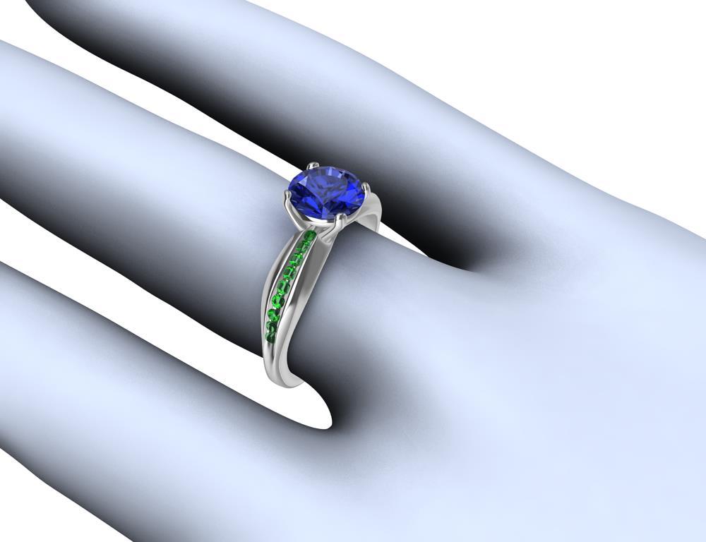 For Sale:  Womens Platinum 1.55 Carat Blue Sapphire and Tsavorites Cocktail Ring 13