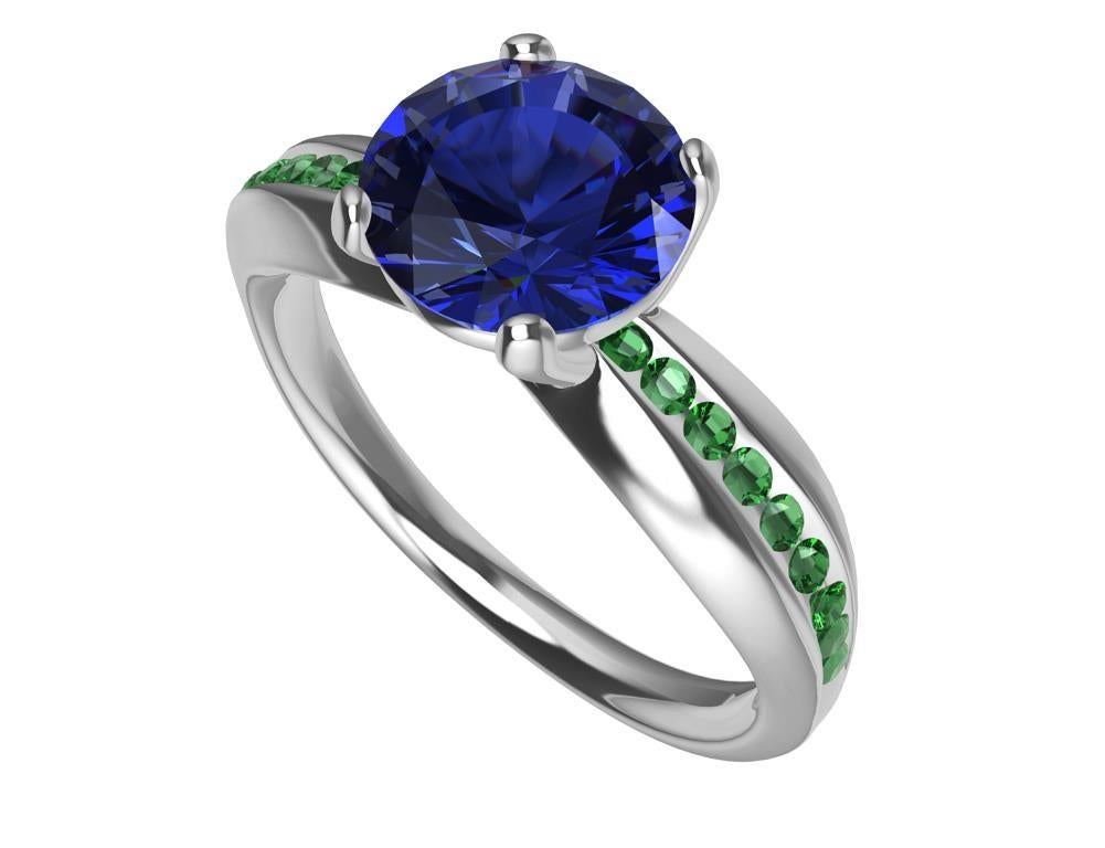 For Sale:  Womens Platinum 1.55 Carat Blue Sapphire and Tsavorites Cocktail Ring 2