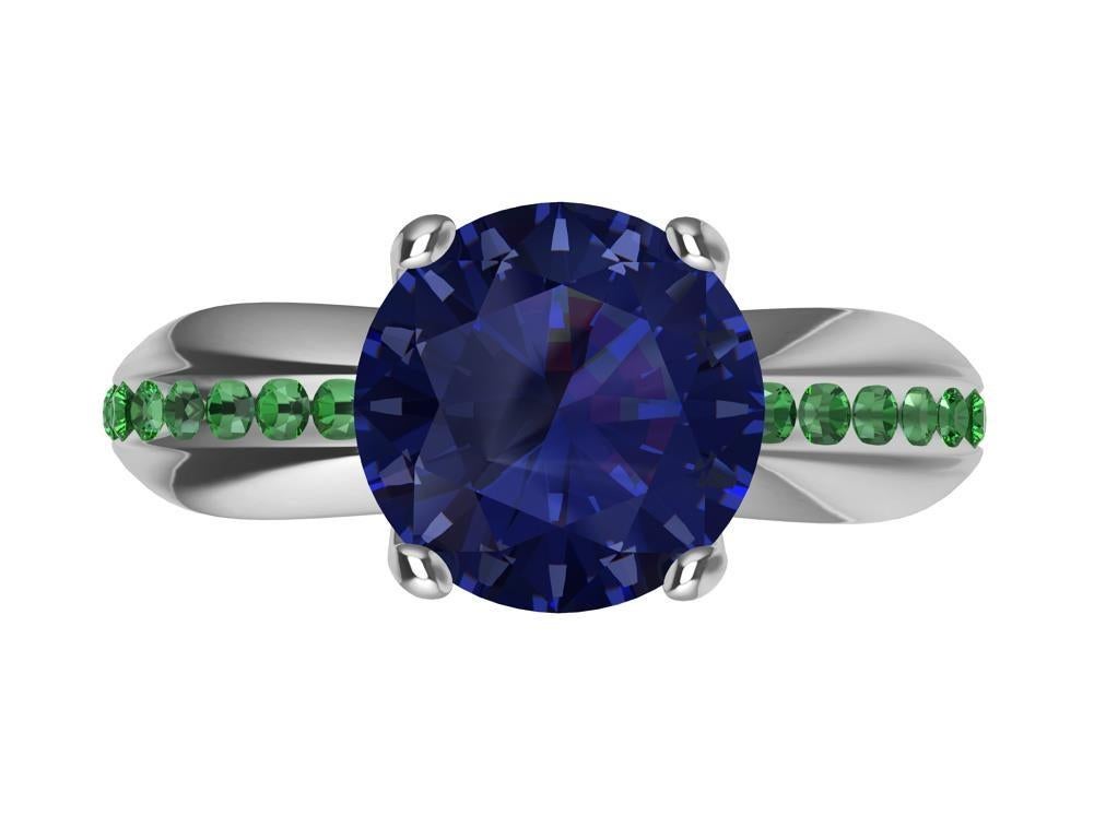 For Sale:  Womens Platinum 1.55 Carat Blue Sapphire and Tsavorites Cocktail Ring 4