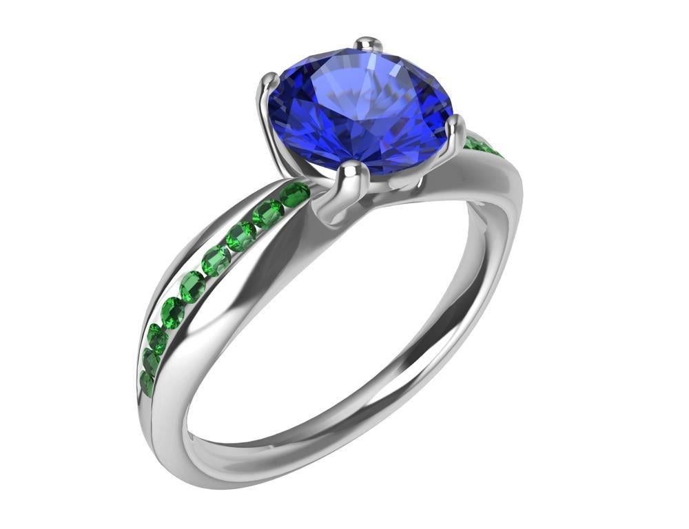 For Sale:  Womens Platinum 1.55 Carat Blue Sapphire and Tsavorites Cocktail Ring 5