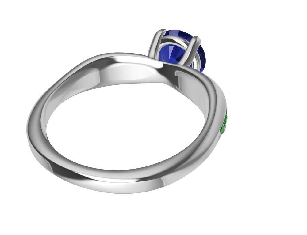 For Sale:  Womens Platinum 1.55 Carat Blue Sapphire and Tsavorites Cocktail Ring 6