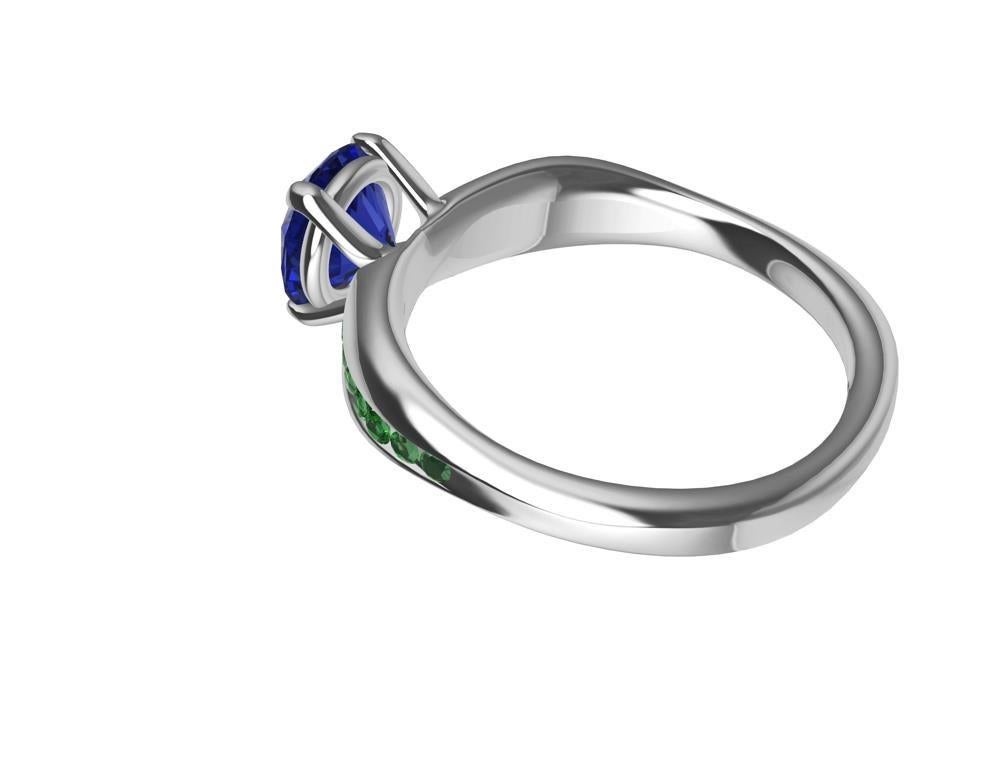 For Sale:  Womens Platinum 1.55 Carat Blue Sapphire and Tsavorites Cocktail Ring 7