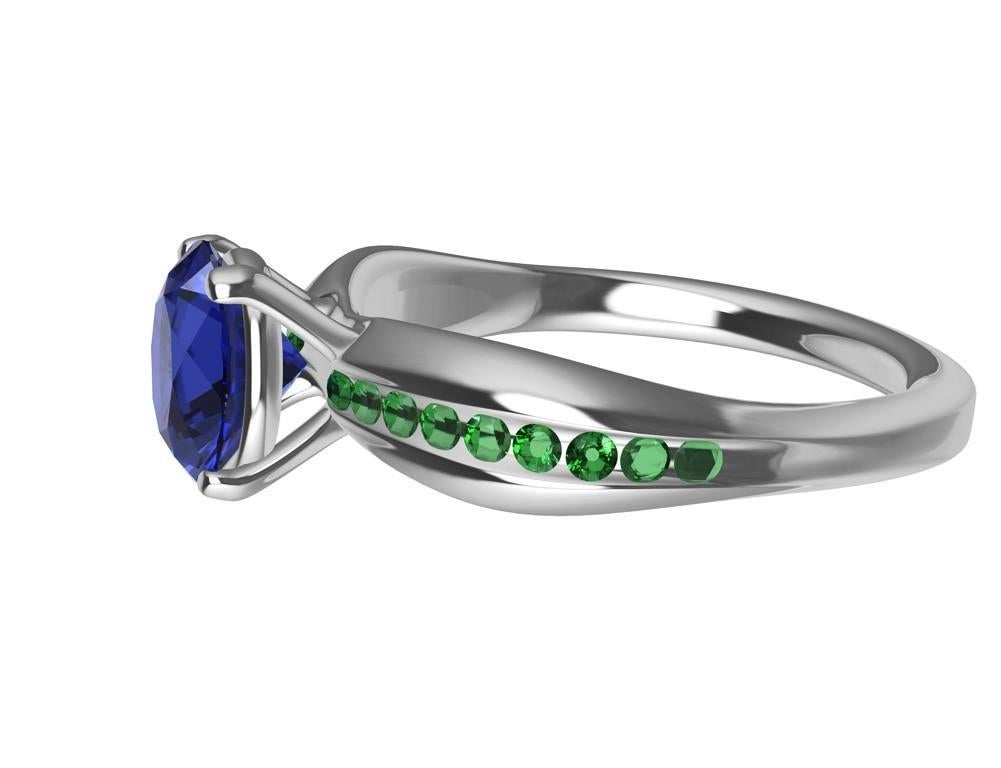 For Sale:  Womens Platinum 1.55 Carat Blue Sapphire and Tsavorites Cocktail Ring 9