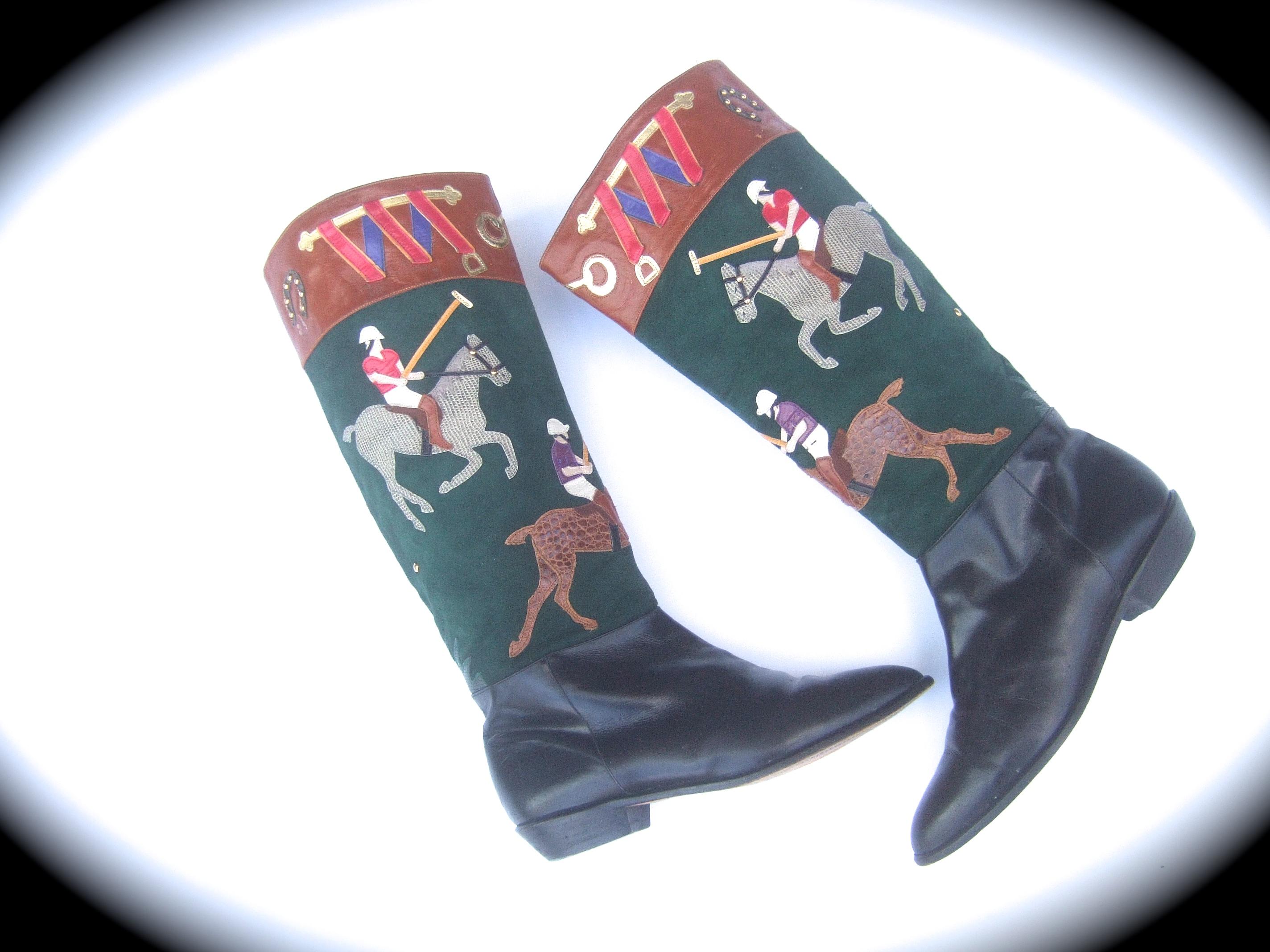 Extremely rare women's equestrian polo player themed suede & leather boots US Size 8 M

The stylish equestrian style boots are designed with a pair of leather applique male polo players mounted on their steeds Set against a green suede background.