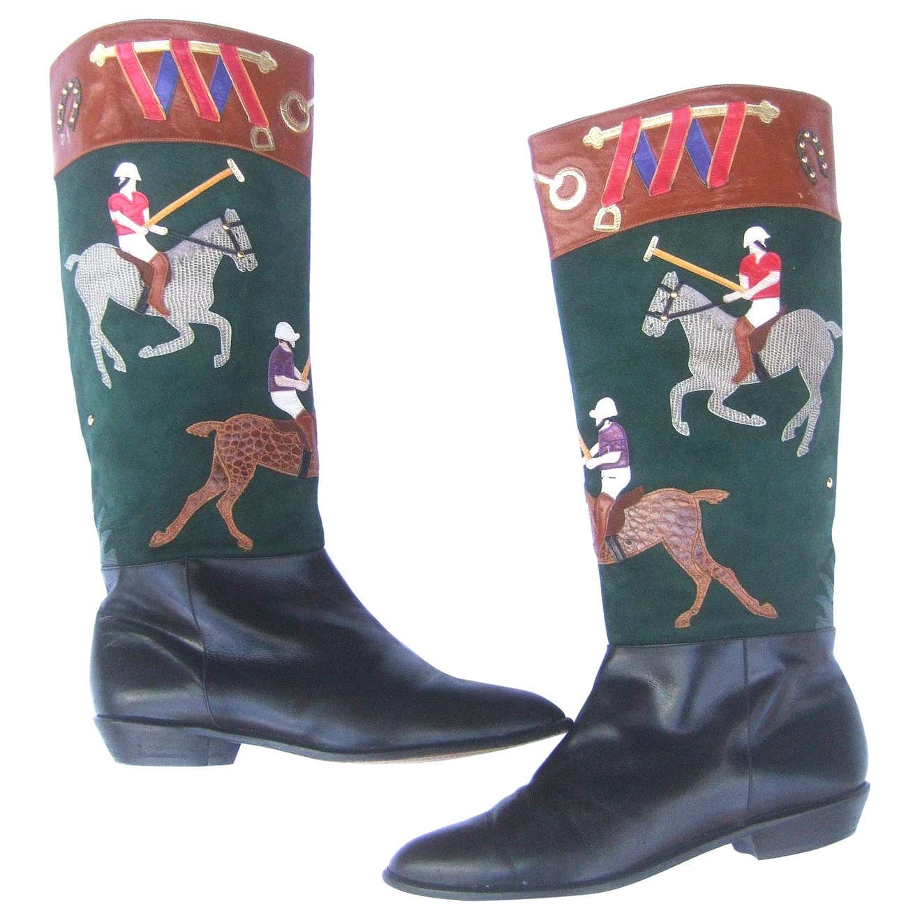 Women's Polo Player Suede and Leather Boots by Zalo US Size 8M c 1990s For Sale at 1stDibs