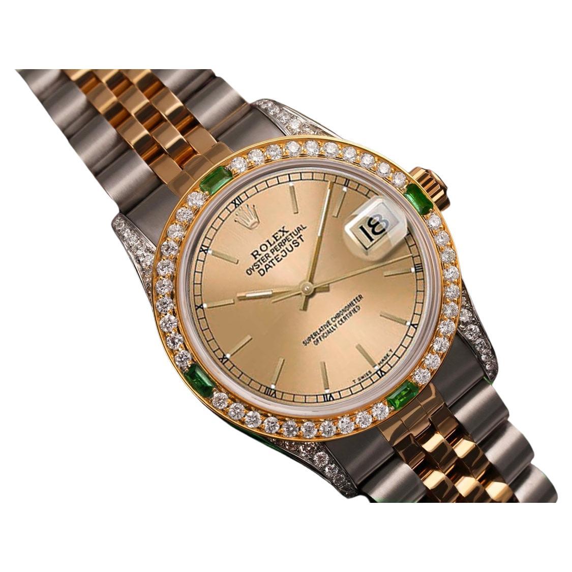 Women's Rolex Datejust Champagne Dial Diamond and Emerald Bezel Watch For Sale