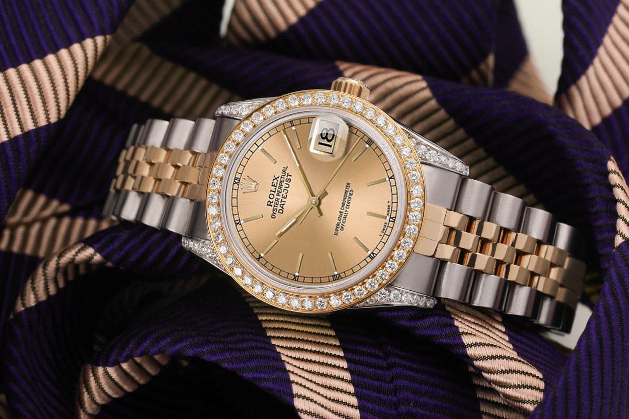 rolex ladies datejust quickset champagne dial  diamond lugs 2 tone watch