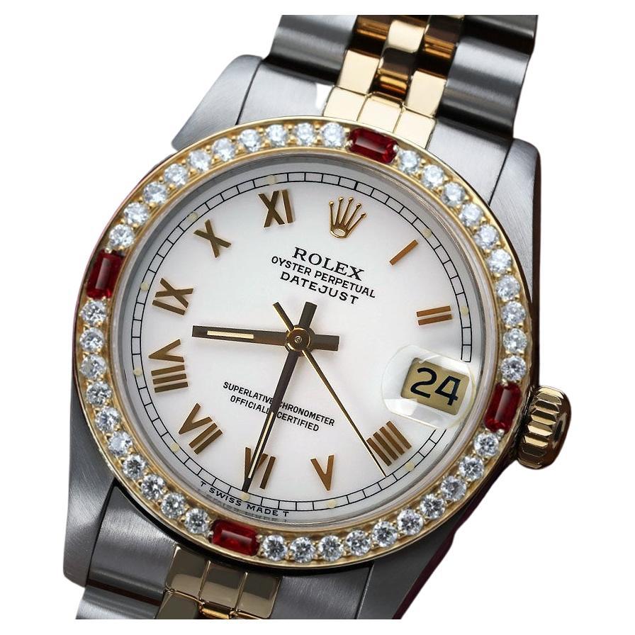 Women's Rolex Datejust Diamond Bezel with Rubies White Roman Dial Watch For Sale