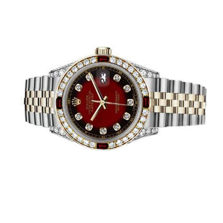 Women's Rolex 31mm Datejust Two Tone Jubilee Red Vignette Color Dial Diamond Accent RT Bezel + Lugs + Rubies Watch 69173
