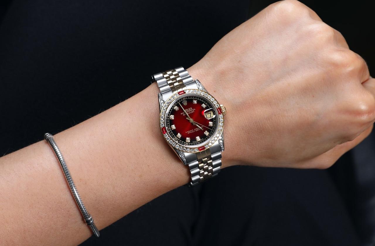 Round Cut Women's Rolex Datejust Jubilee Red Vignette Dial Diamond Accent Watch 69173 For Sale