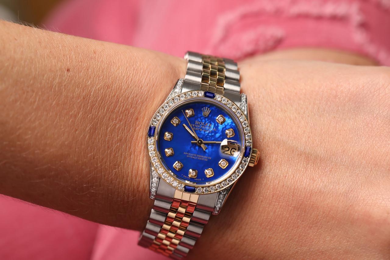Rolex Datejust zweifarbige Jubiläums-Uhr mit blauem beschichtetem MOP-Diamant-Zifferblatt 68273 im Angebot 5