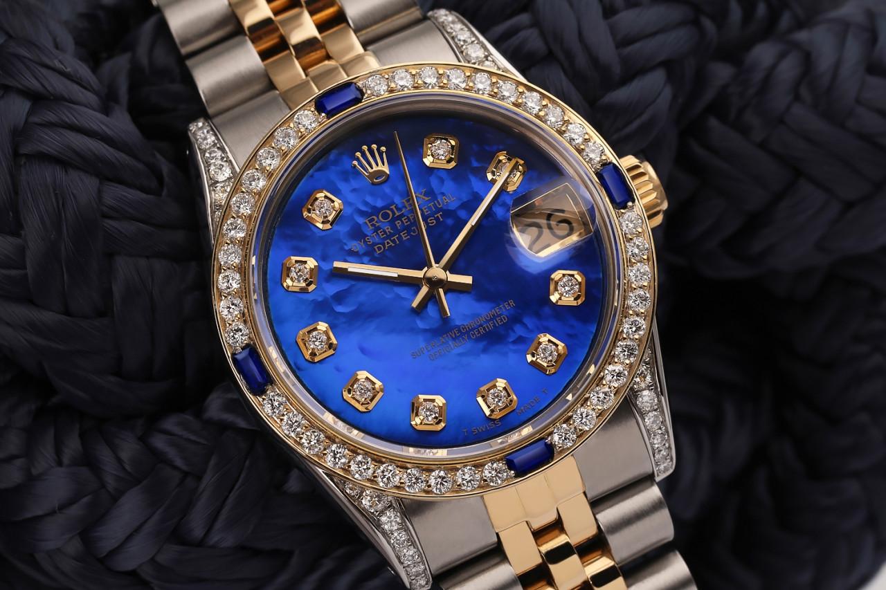 Rolex Datejust zweifarbige Jubiläums-Uhr mit blauem beschichtetem MOP-Diamant-Zifferblatt 68273 (Rundschliff) im Angebot