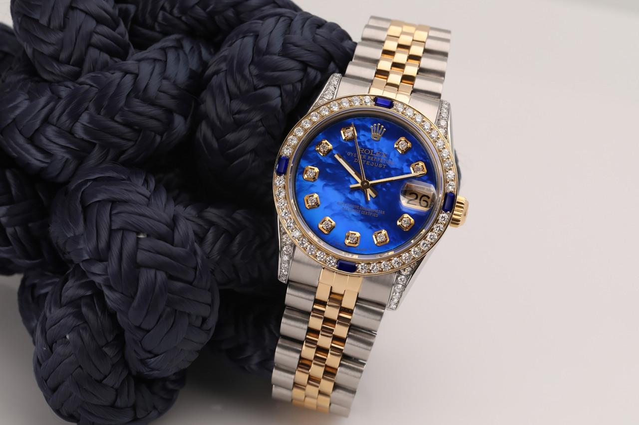 Rolex Datejust zweifarbige Jubiläums-Uhr mit blauem beschichtetem MOP-Diamant-Zifferblatt 68273 Damen im Angebot