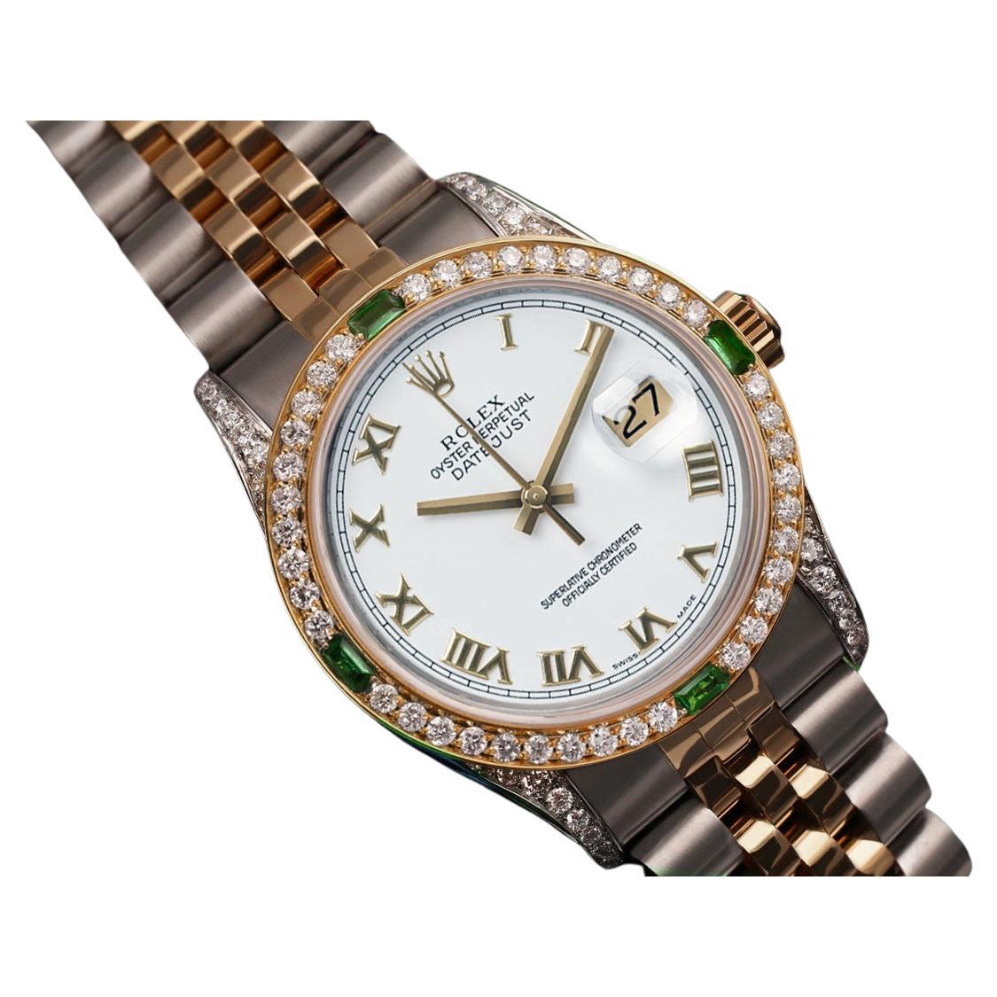 Women's Rolex Datejust White Roman Dial 2 Tone Watch with Emeralds/Diamonds
