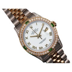 Retro Women's Rolex Datejust White Roman Dial 2 Tone Watch with Emeralds/Diamonds