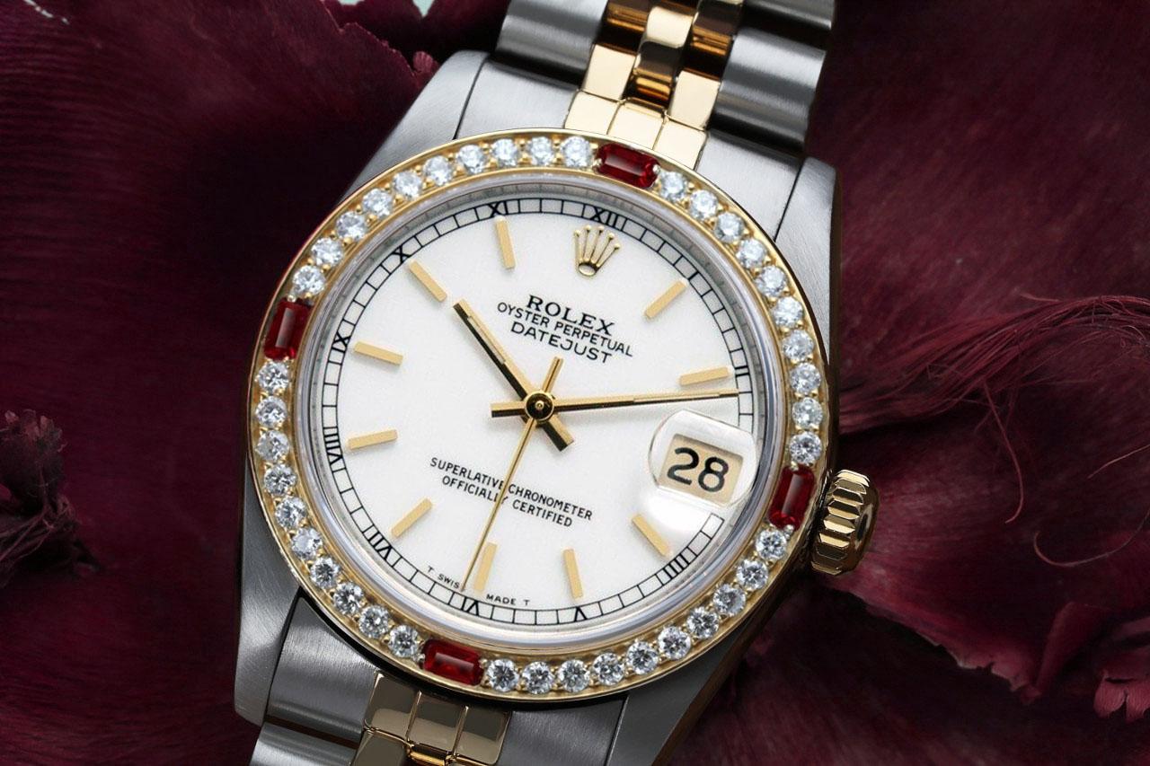 Women's Rolex 31mm Datejust White Stick Dial Diamond & Ruby Bezel Two Tone Watch

We take great pride in presenting this timepiece, which is in impeccable condition, having undergone professional polishing and servicing to maintain its pristine