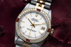 Women's Rolex Datejust White Stick Dial Diamond & Ruby Bezel Two Tone Watch