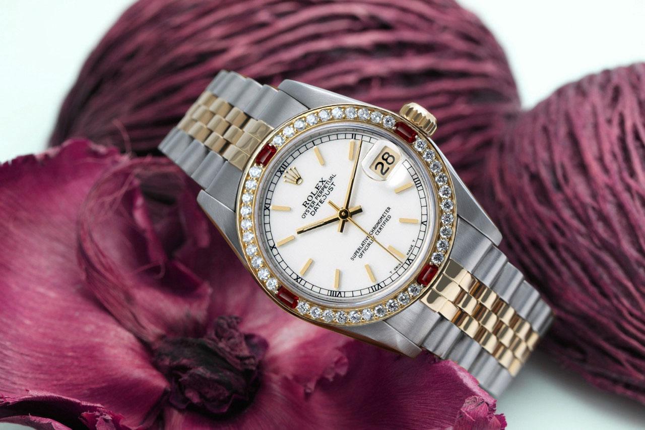 Round Cut Women's Rolex Datejust White Stick Dial Diamond & Ruby Bezel Two Tone Watch For Sale