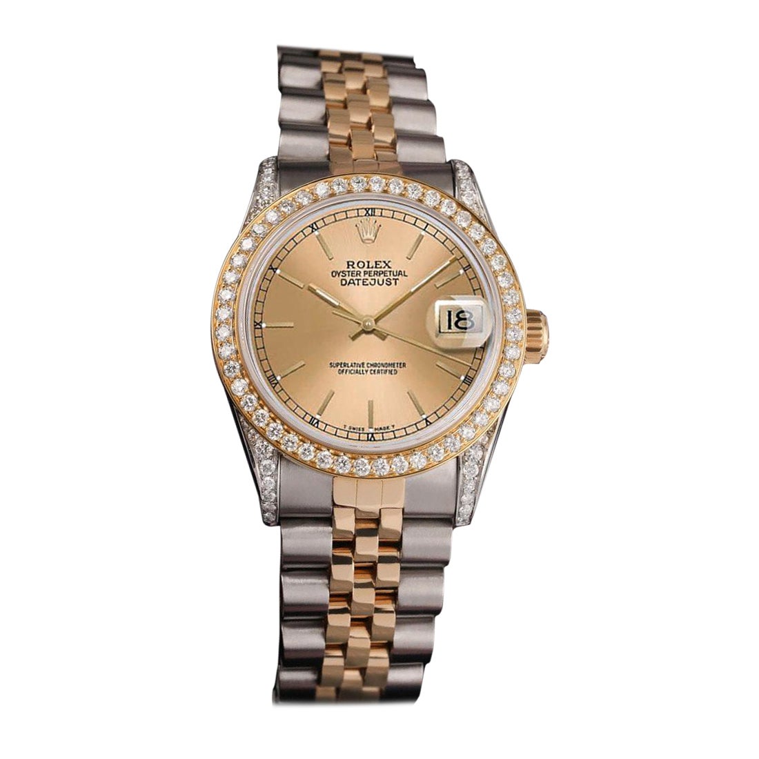 Zweifarbige Damenuhr Rolex 31mm Datejust Diamant-Lünette & Gepäcktaschen Champagner-Zifferblatt im Angebot
