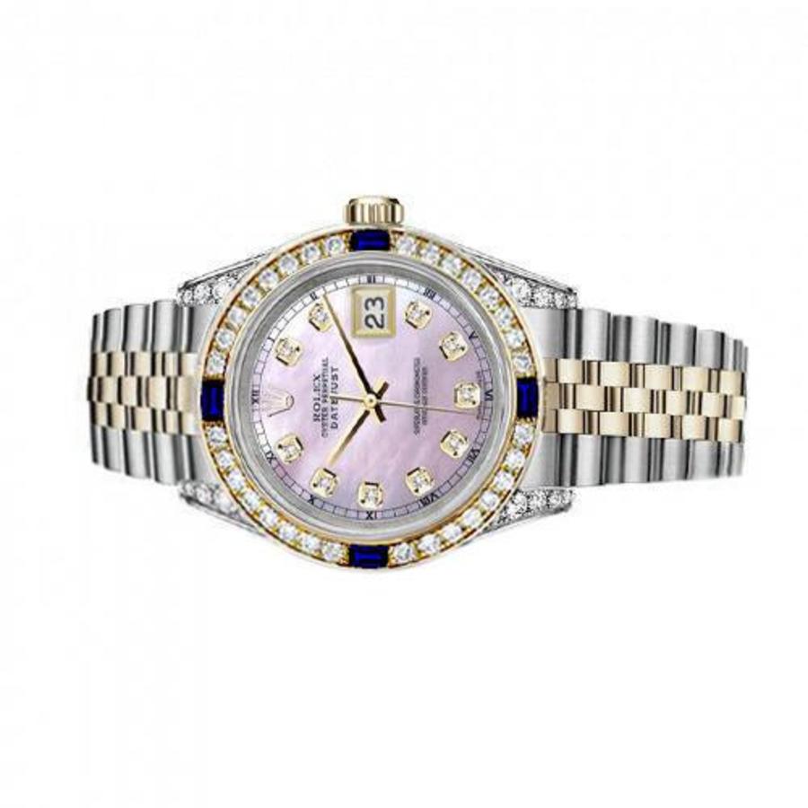 Women's Rolex 36mm Datejust Two Tone Jubilee Pink MOP Mother Of Pearl Dial Diamond Accent Bezel + Lugs + Sapphire Watch 16013

Additions or alterations made to the original: Diamonds and dial are set aftermarket (Not Rolex). Bezel 18K gold plated.