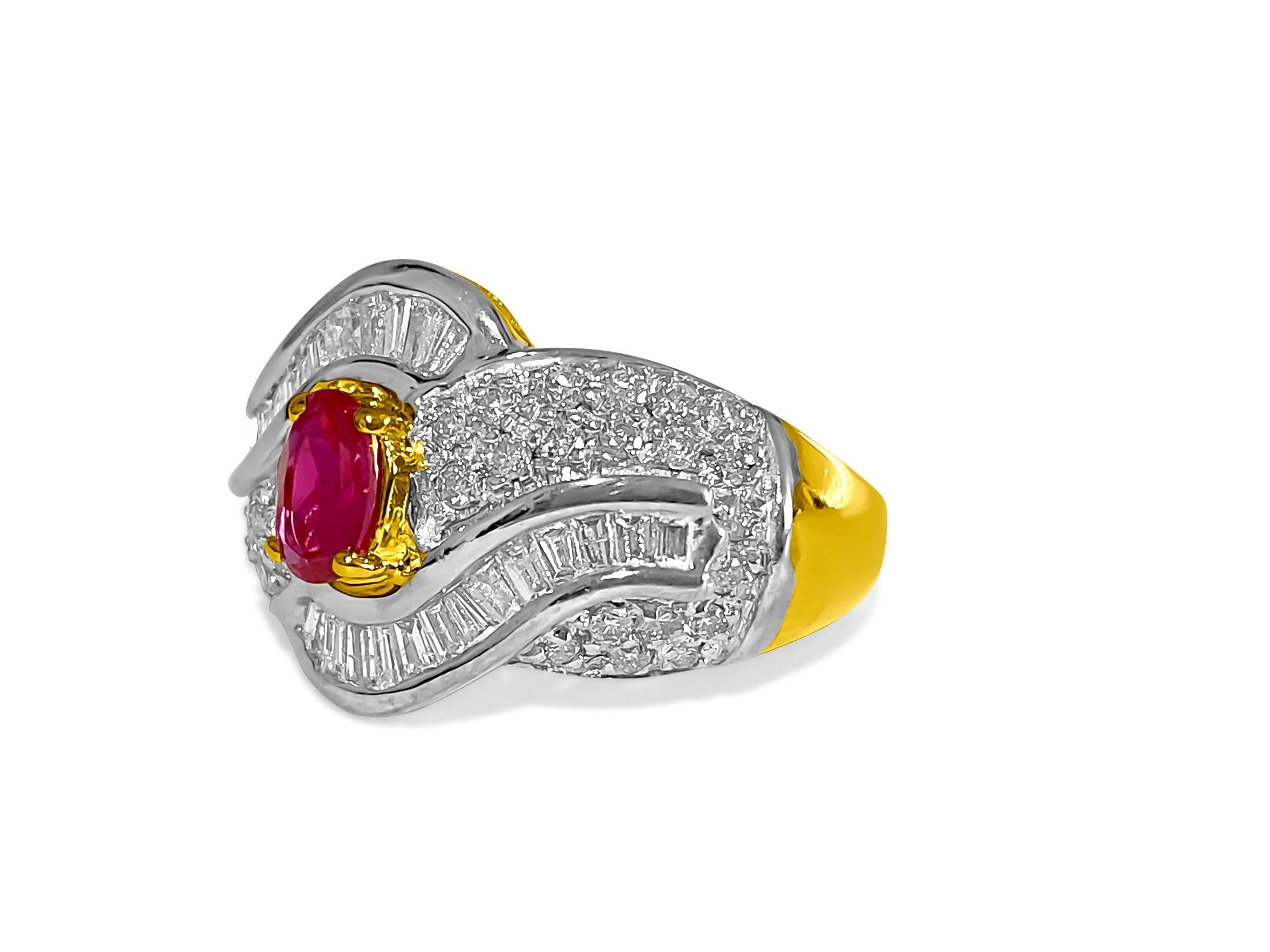 Metal: 14k yellow and white gold. Two tone. 
Oval cut, 1.00 carat ruby. 100% natural earth mined ruby set in prongs. 
1.70 carat diamonds, round brilliant cut set in prongs. Clarity: VS-SI. Color: G. 100% natural and genuine earth mined diamonds.