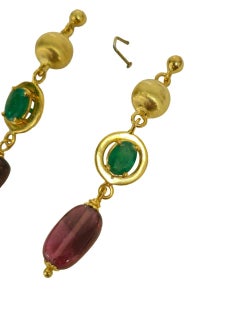 Womens Vintage 9.50 Carats Emerald, Tourmaline & 14K Gold Earrings