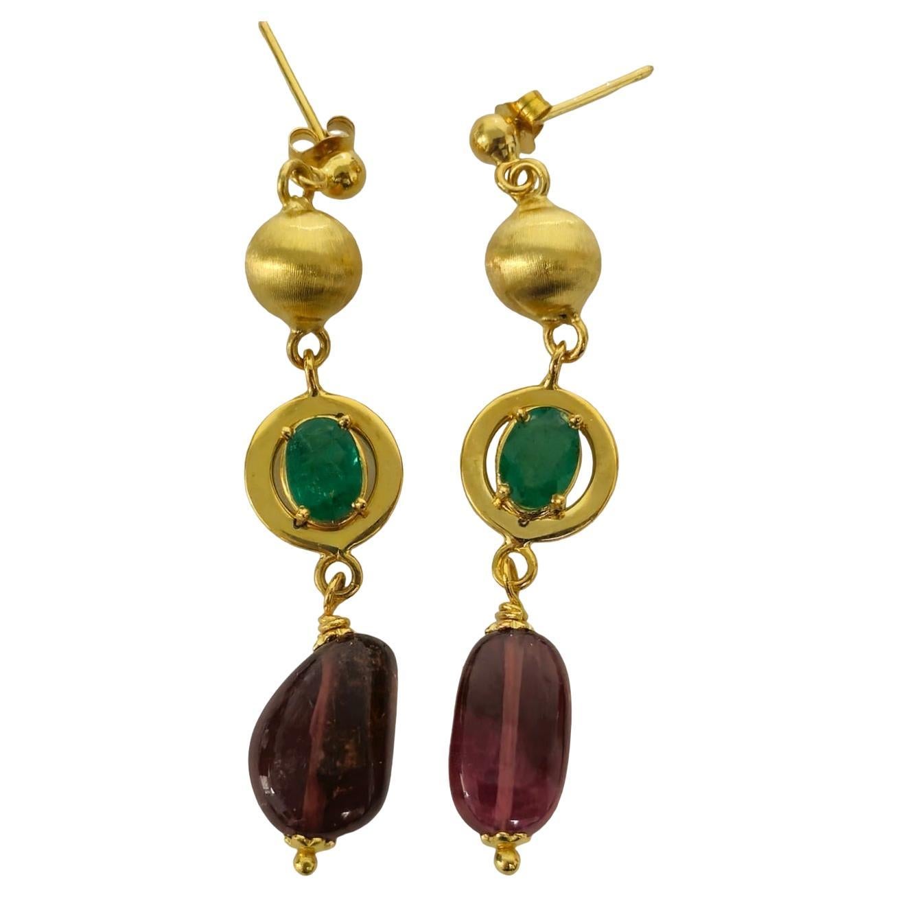 Womens Vintage 9.50 Carats Emerald, Tourmaline & 14K Gold Earrings For Sale