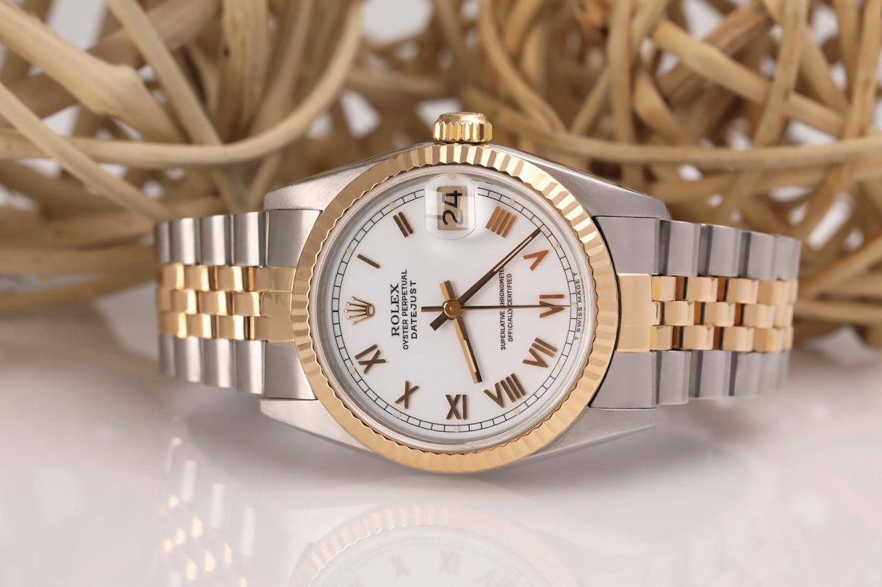 Women's Vintage Rolex Datejust Two Tone White Roman Numeral Dial 68273 In Excellent Condition For Sale In New York, NY