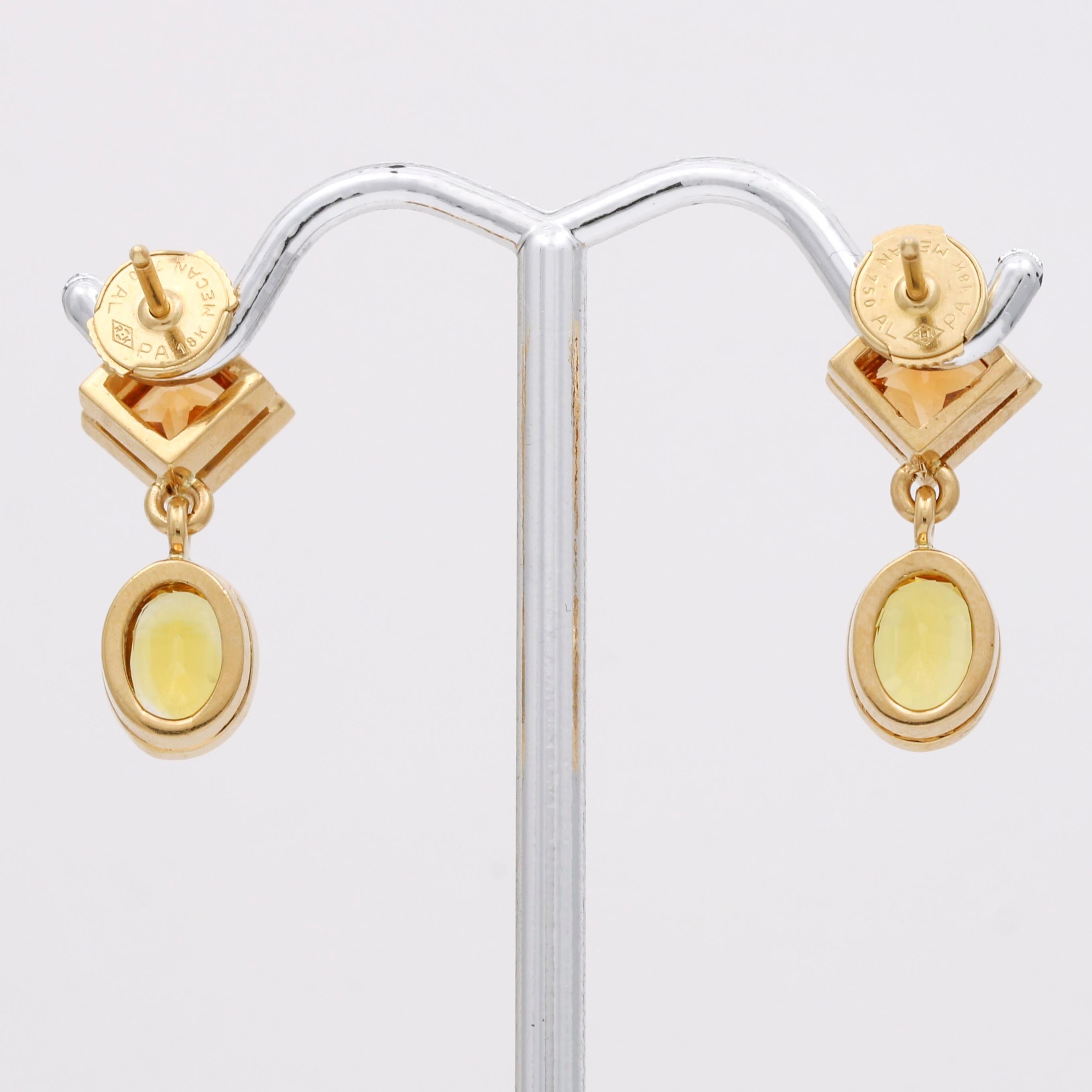 Contemporary Women's Yellow Sapphire Madeira Citrine 18k Gold Dangle Earrings For Sale