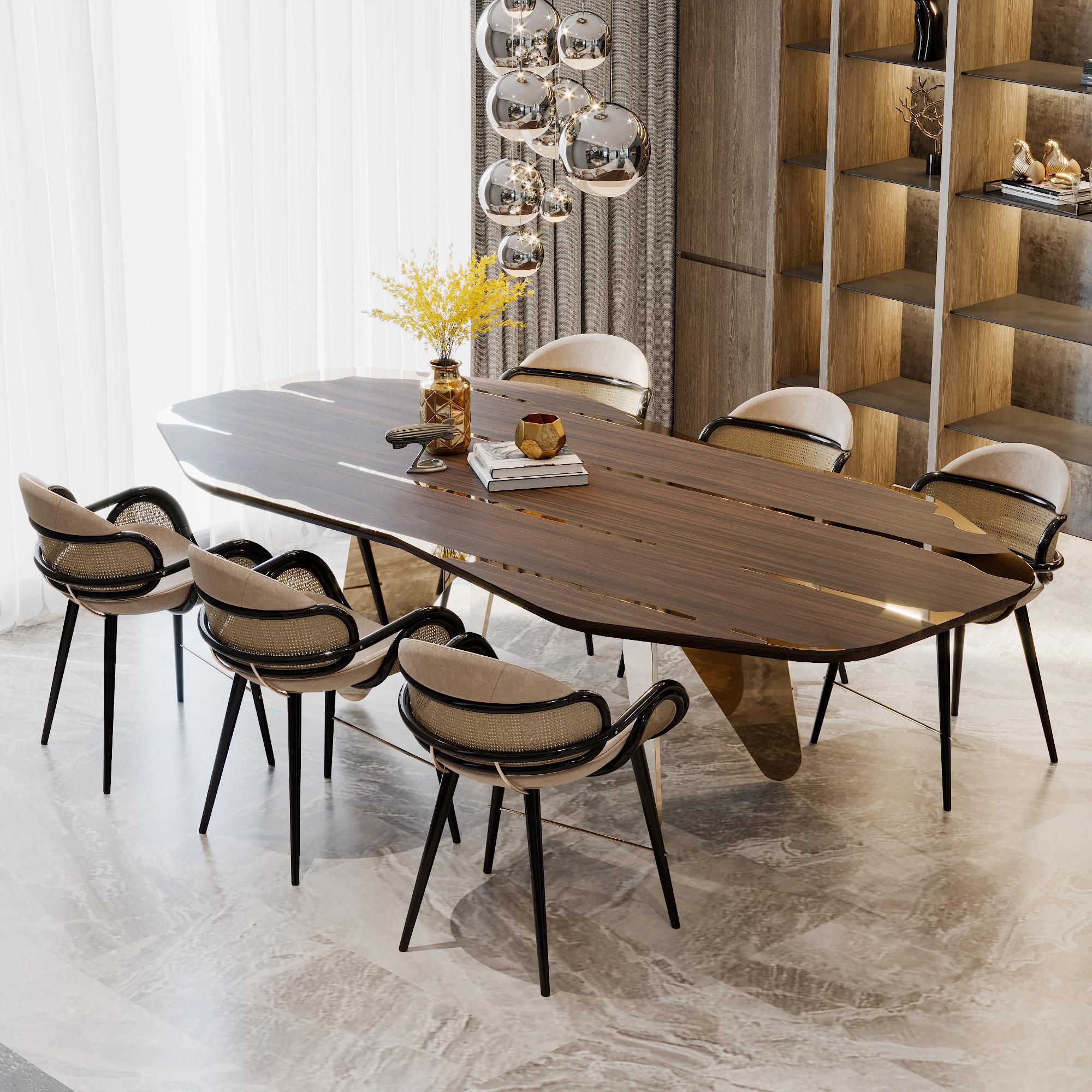 Contemporary Wonatti Bidar Dining Table, Walnut Wood Dining Table, Steel Dining Table For Sale