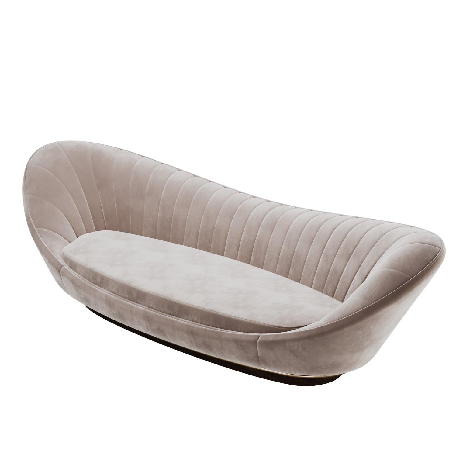 Modern Wonatti Davos Sofa, Walnut Wood Footer, Cream Velvet, Stainless Steel Detail For Sale